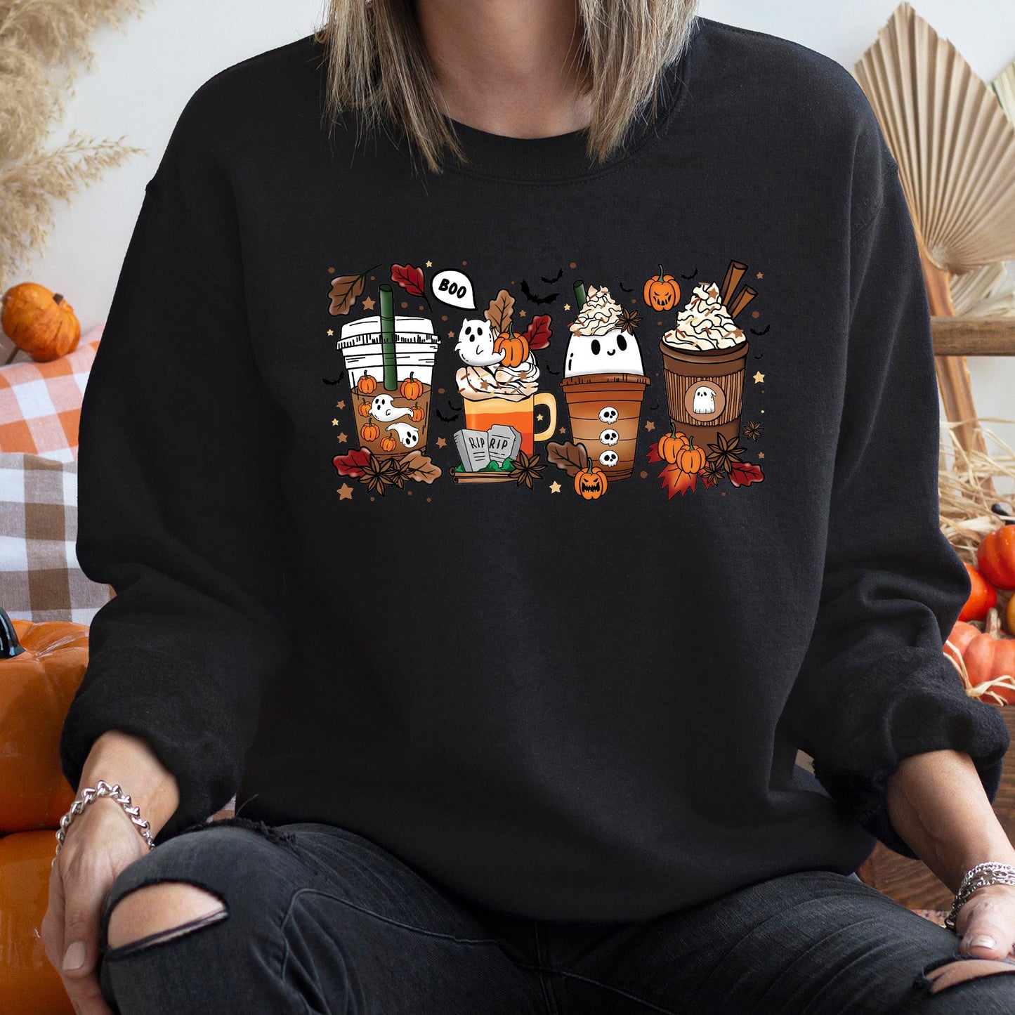 Boo Pumpkin Coffee Halloween Sweatshirt Soft Fleece Sweatshirt Gildan