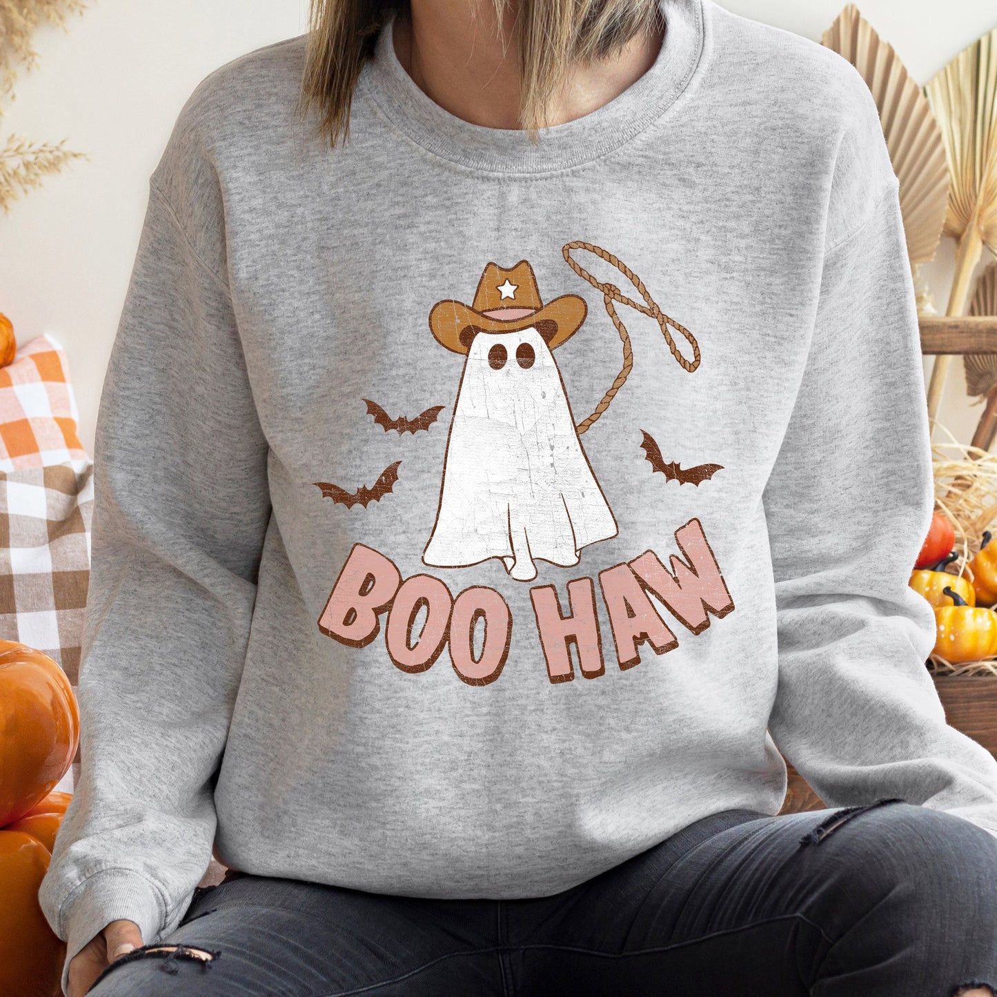 Boo Haw Cowboy Halloween Sweatshirt Soft Fleece Pullover