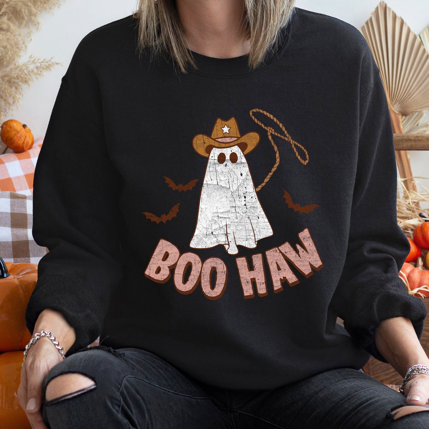 Boo Haw Cowboy Halloween Sweatshirt Soft Fleece Pullover