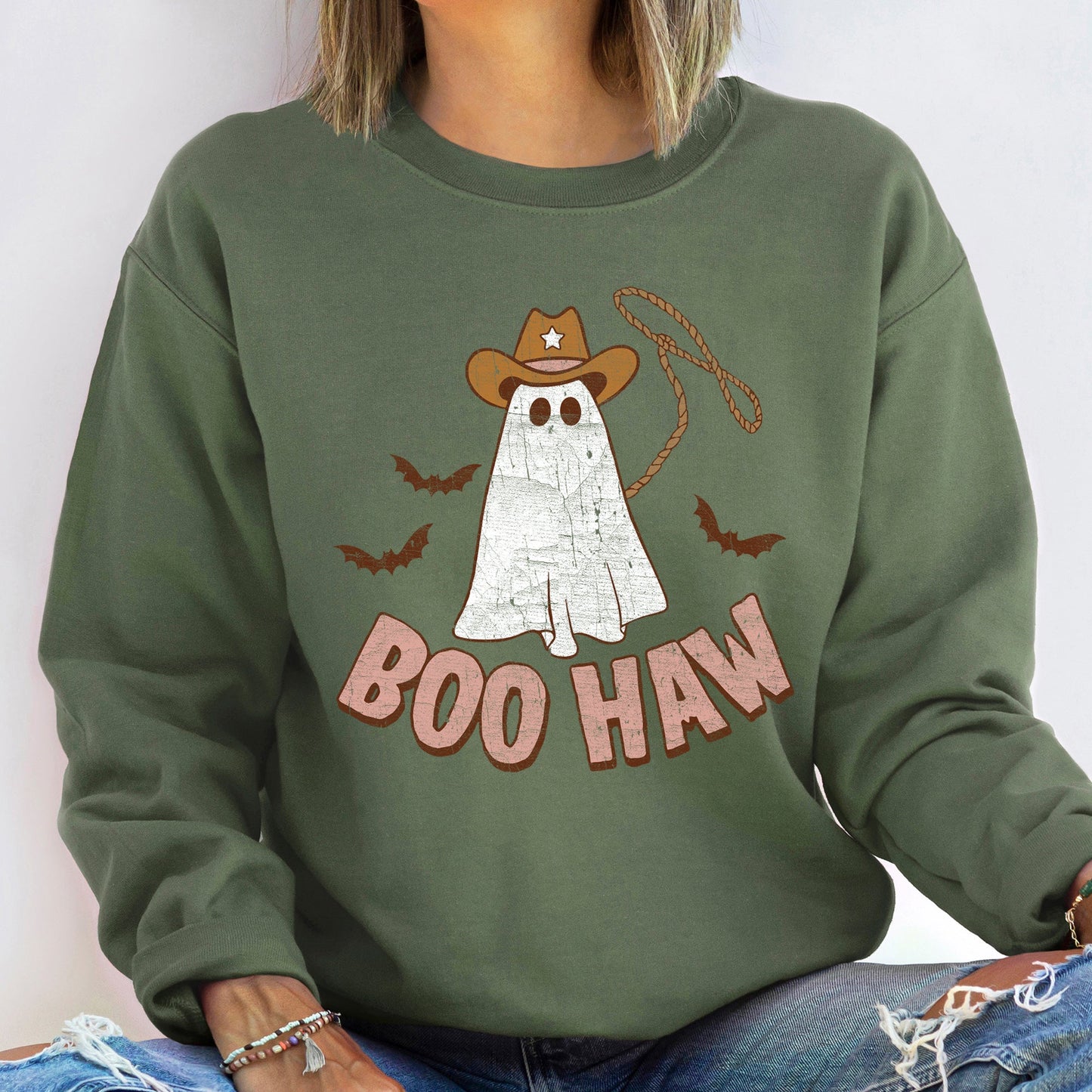Boo Haw Cowboy Halloween Sweatshirt Soft Fleece Pullover