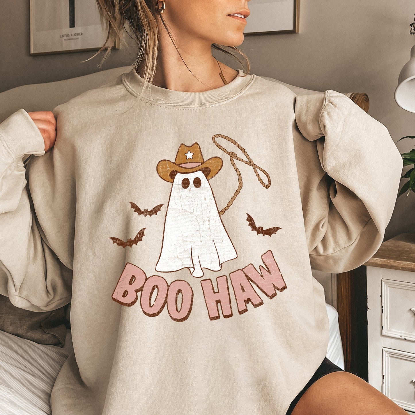 Boo Haw Cowboy Halloween Sweatshirt Soft Fleece Pullover