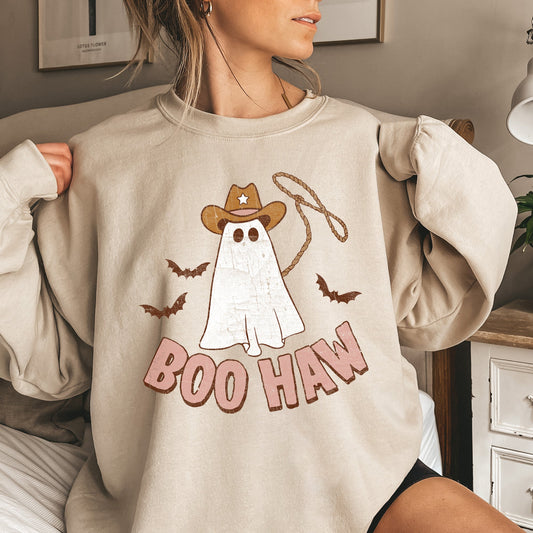 Boo Haw Cowboy Halloween Sweatshirt Soft Fleece Pullover
