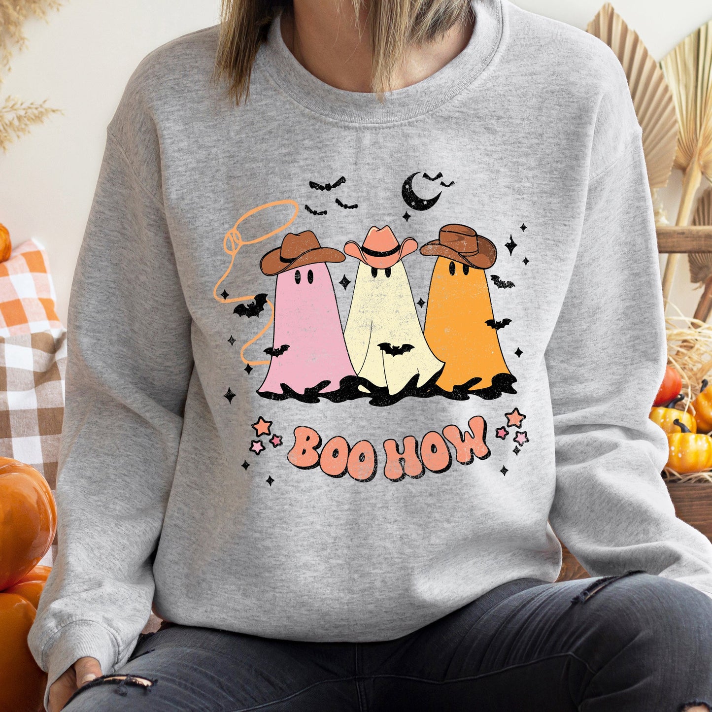 Boo How Ghosts Halloween Sweatshirt Soft Fleece Cotton Polyester Blend