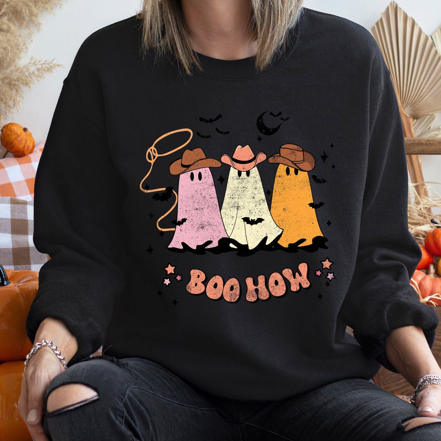 Boo How Ghosts Halloween Sweatshirt Soft Fleece Cotton Polyester Blend