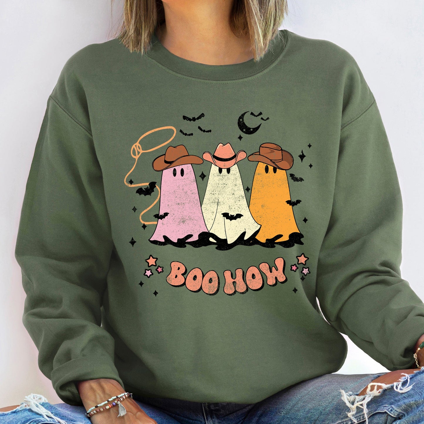 Boo How Ghosts Halloween Sweatshirt Soft Fleece Cotton Polyester Blend