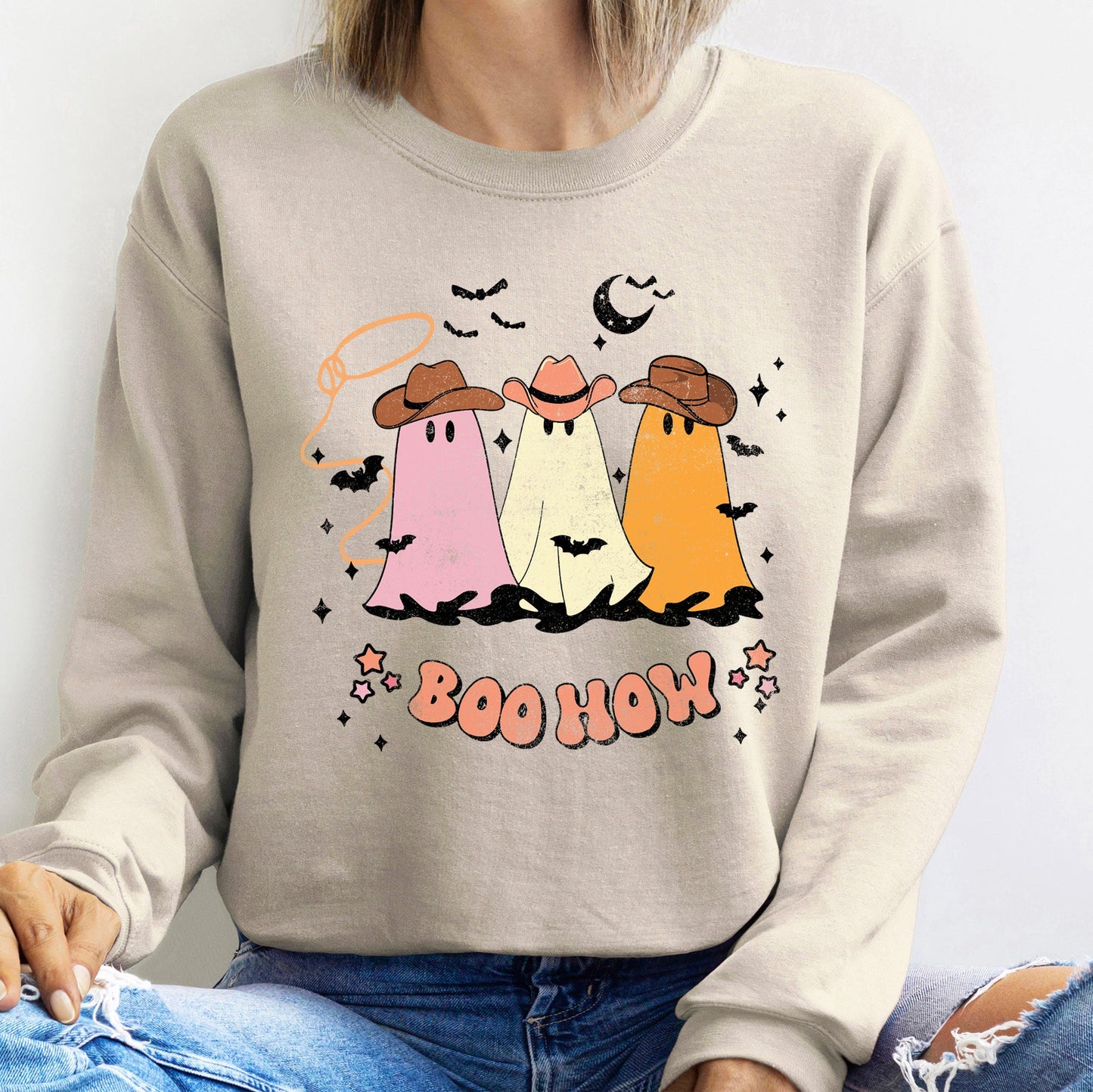 Boo How Ghosts Halloween Sweatshirt Soft Fleece Cotton Polyester Blend