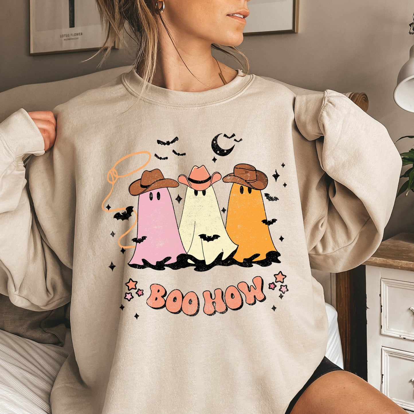 Boo How Ghosts Halloween Sweatshirt Soft Fleece Cotton Polyester Blend