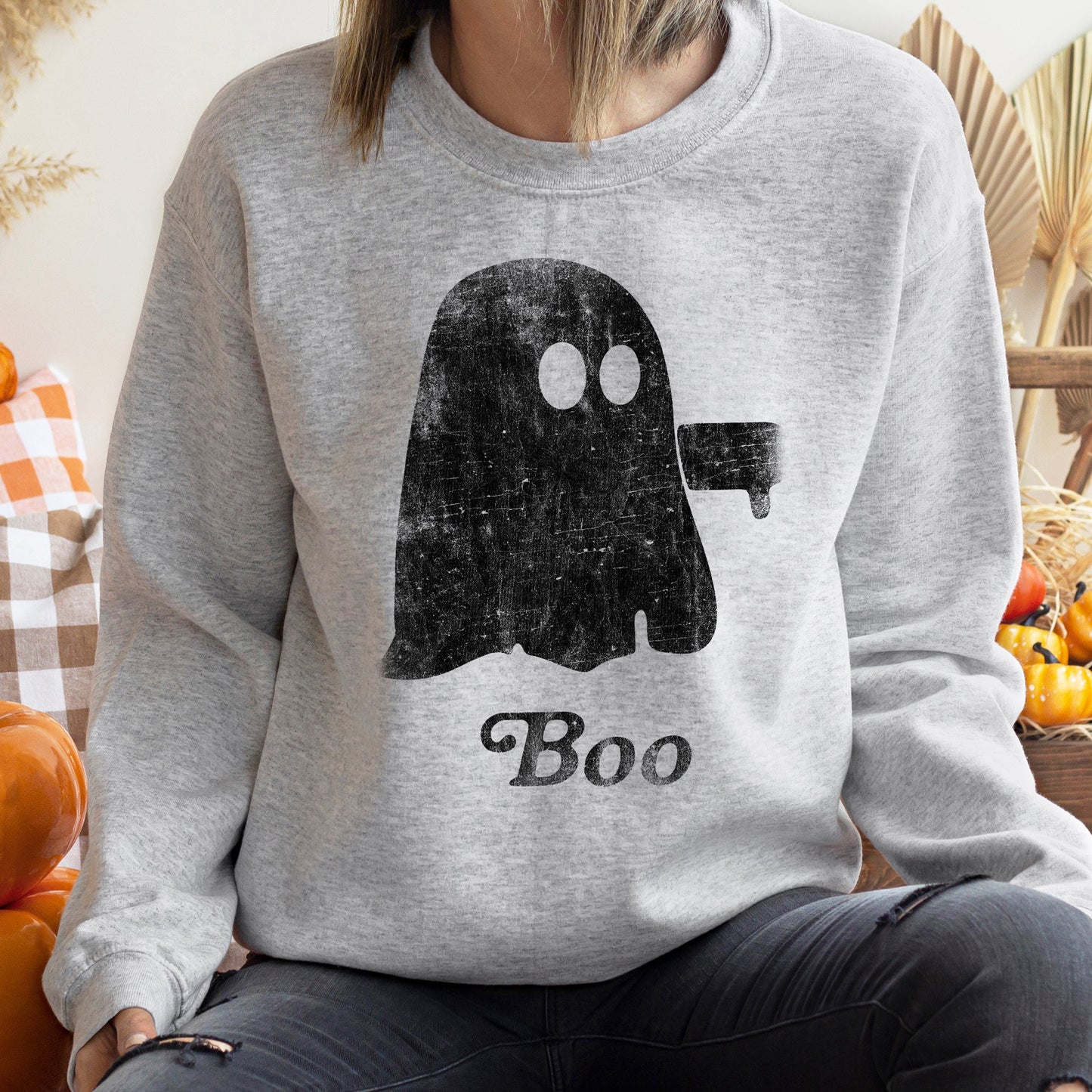 Boo Vintage Ghost Halloween Sweatshirt Soft Cotton Blend Unisex