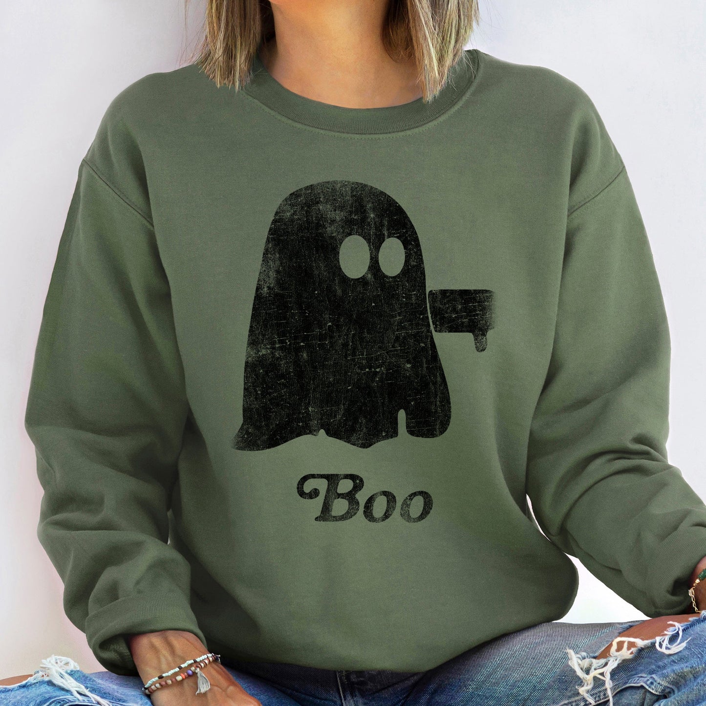 Boo Vintage Ghost Halloween Sweatshirt Soft Cotton Blend Unisex