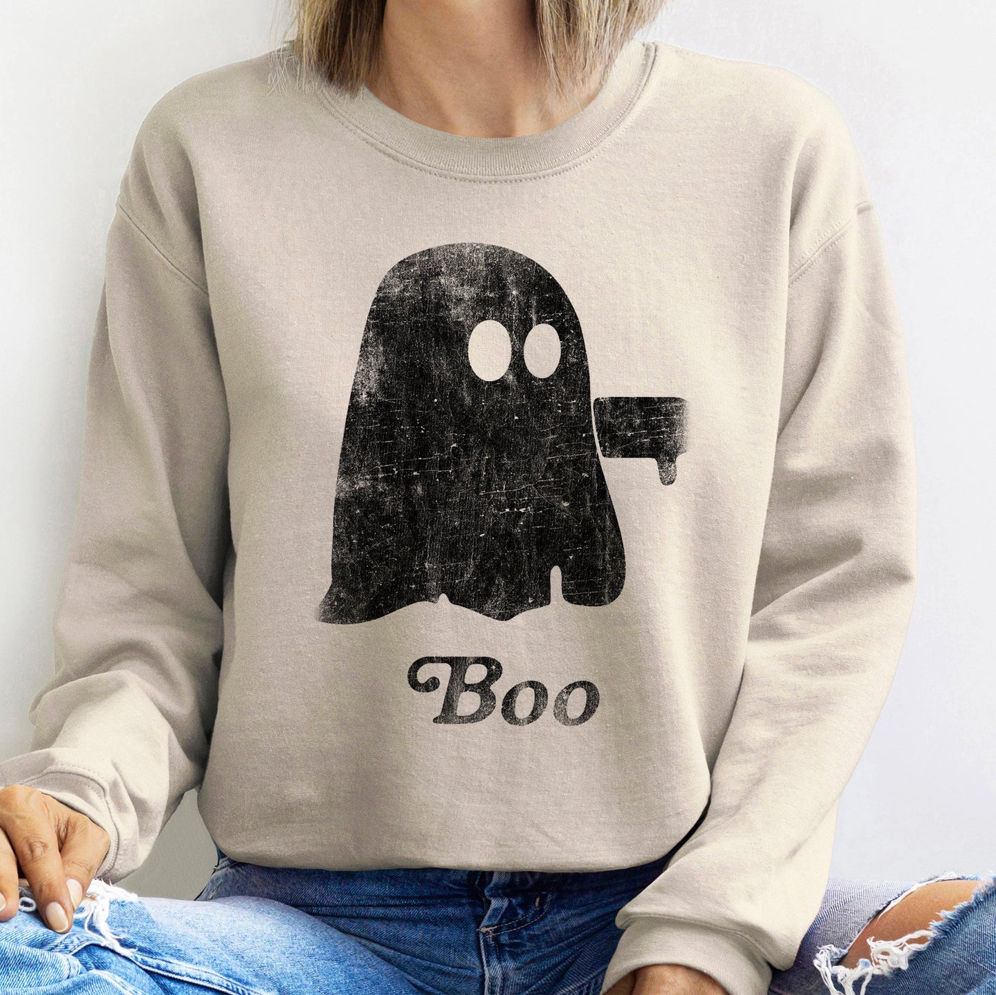 Boo Vintage Ghost Halloween Sweatshirt Soft Cotton Blend Unisex