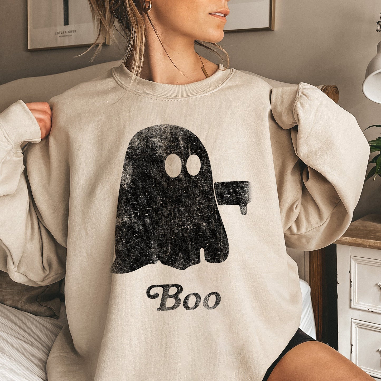 Boo Vintage Ghost Halloween Sweatshirt Soft Cotton Blend Unisex