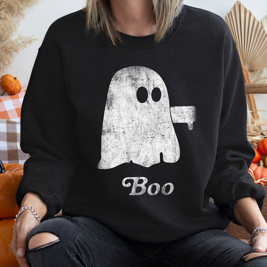 Boo Ghost Halloween Sweatshirt Cozy Cotton Polyester Blend