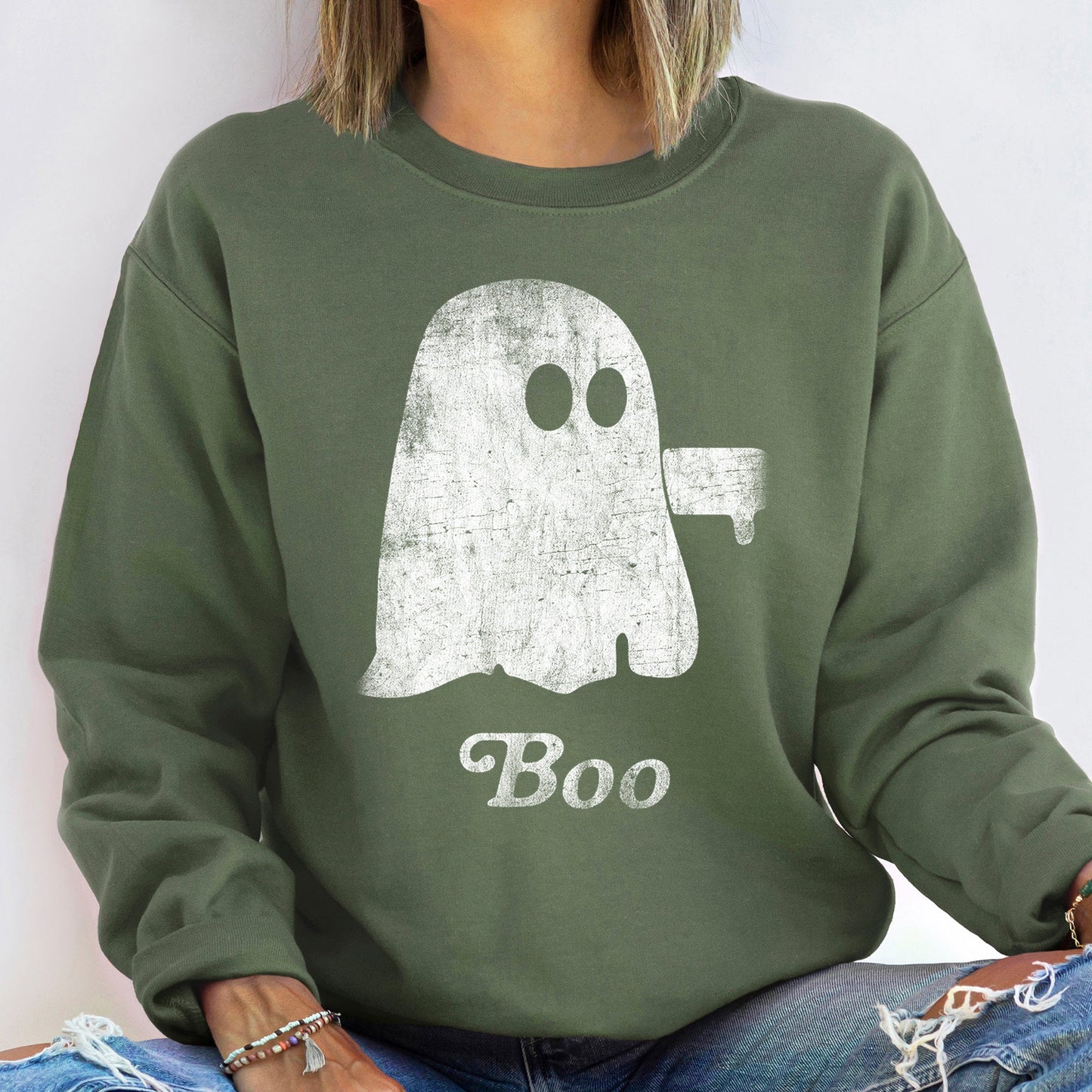 Boo Ghost Halloween Sweatshirt Cozy Cotton Polyester Blend