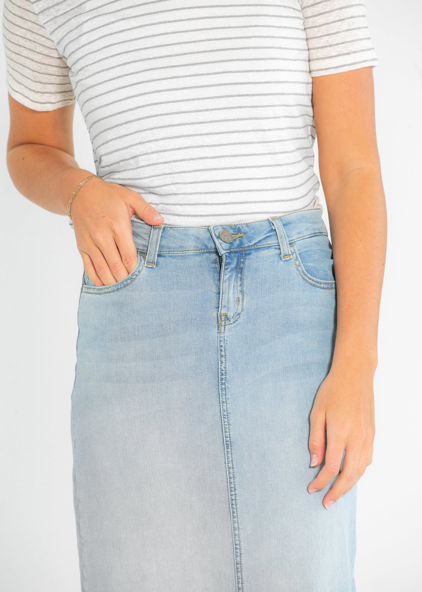 Light Wash Straight Fit Denim Maxi Skirt Bria Inherit