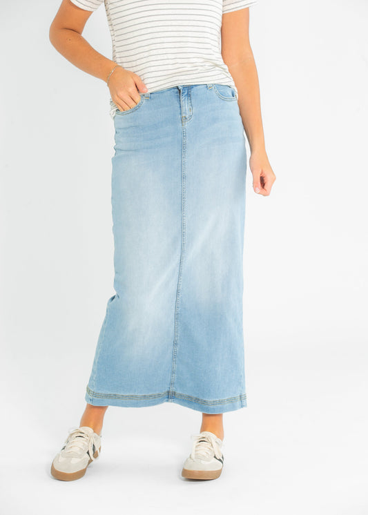 Light Wash Straight Fit Denim Maxi Skirt Bria Inherit