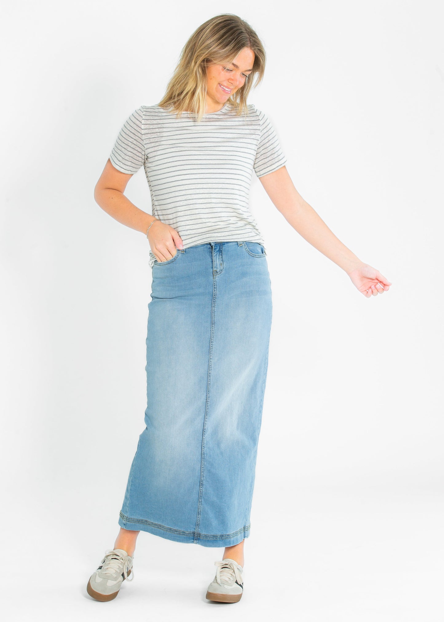 Light Wash Straight Fit Denim Maxi Skirt Bria Inherit