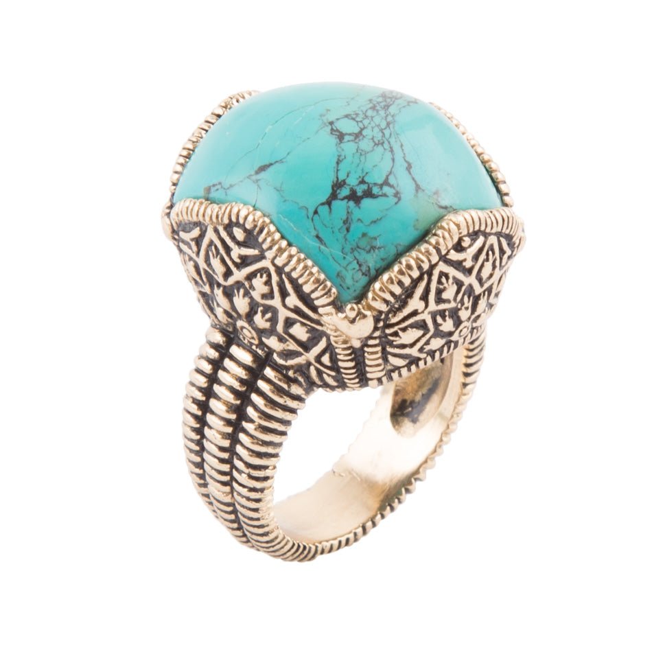 Blue Turquoise Golden Chunky Ring with Brass Band
