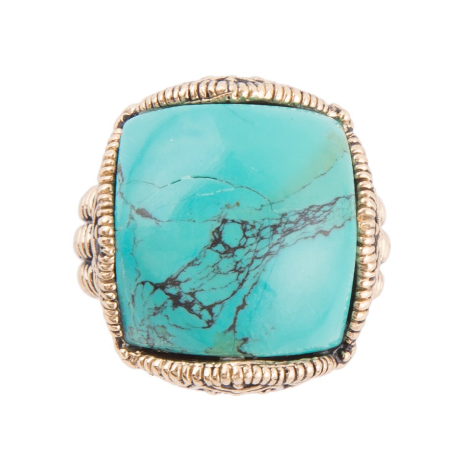 Blue Turquoise Golden Chunky Ring with Brass Band