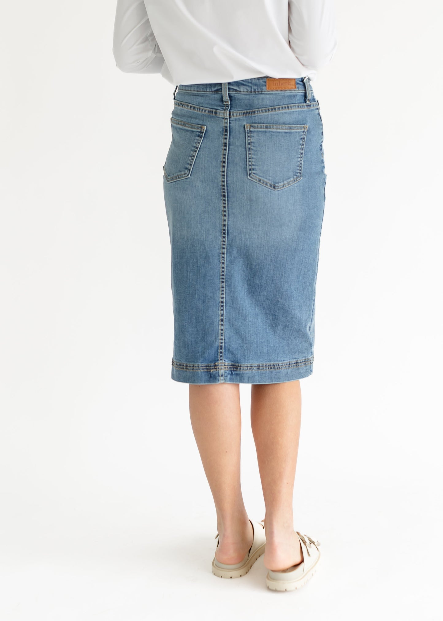 Light Wash Stretch Denim Midi Skirt Inherit Co.
