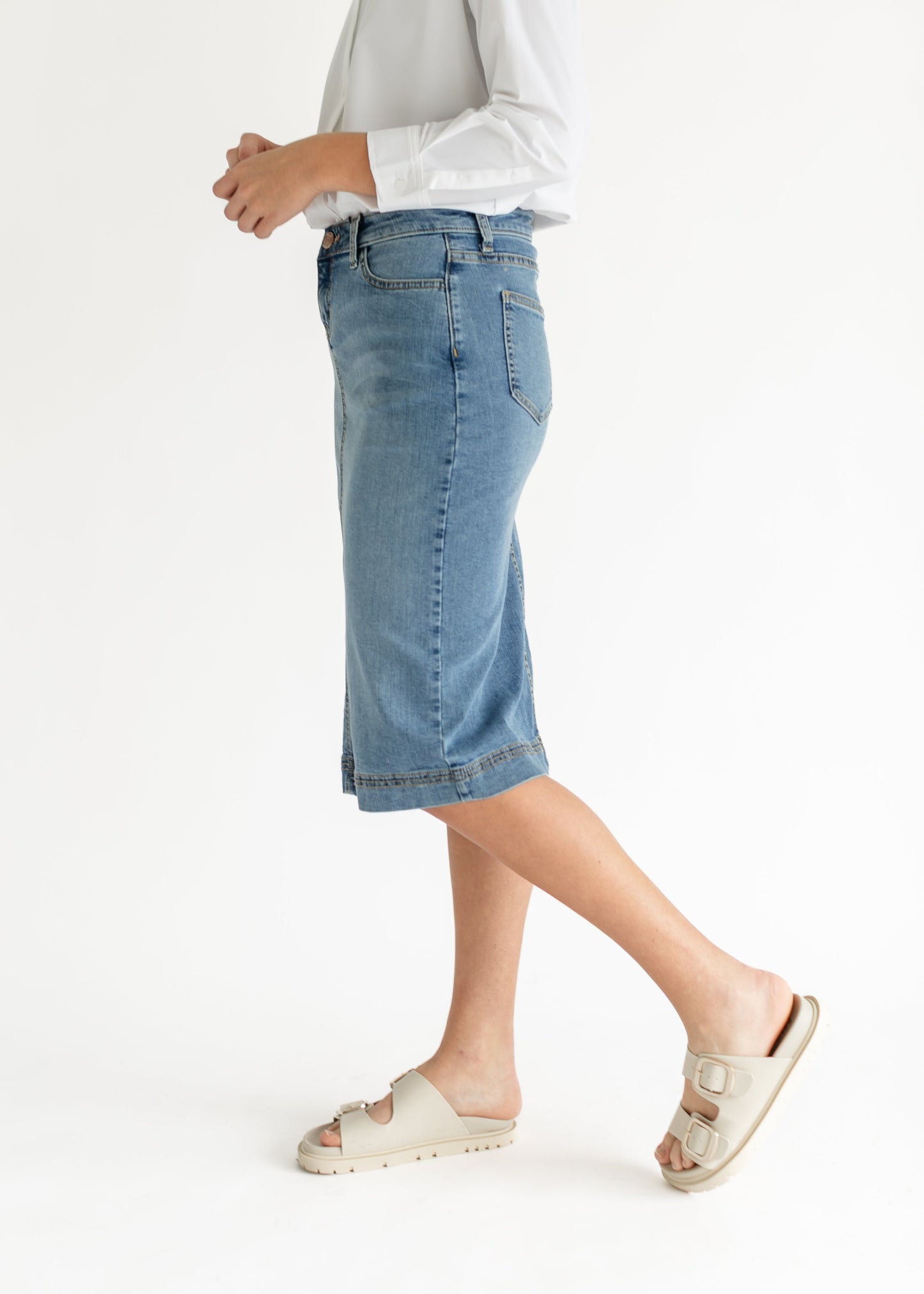 Light Wash Stretch Denim Midi Skirt Inherit Co.