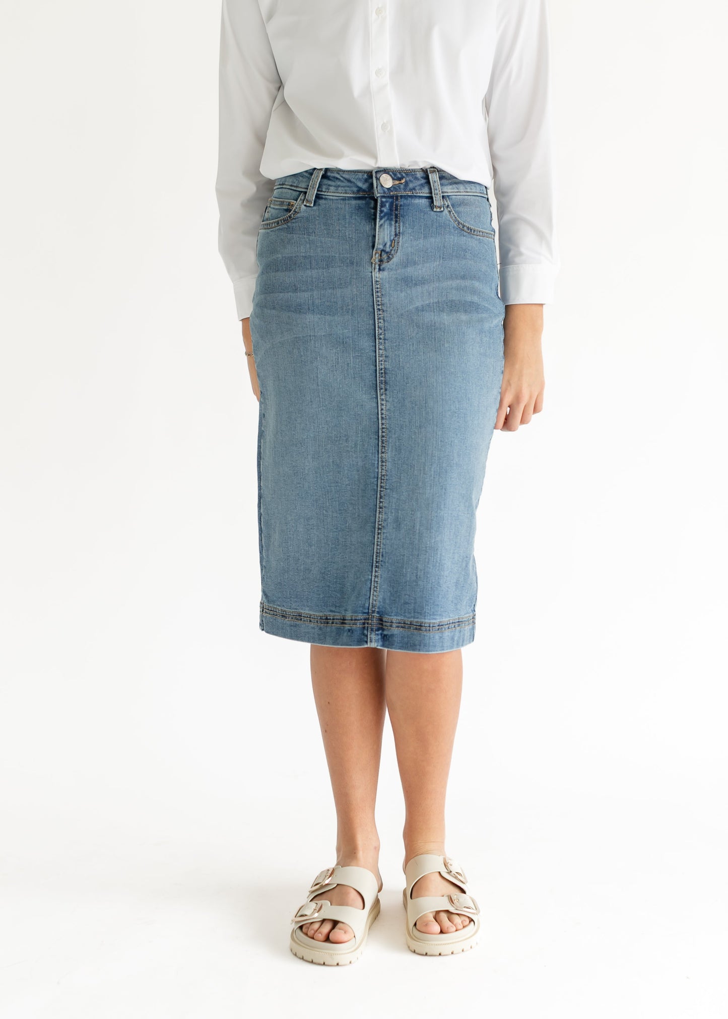 Light Wash Stretch Denim Midi Skirt Inherit Co.