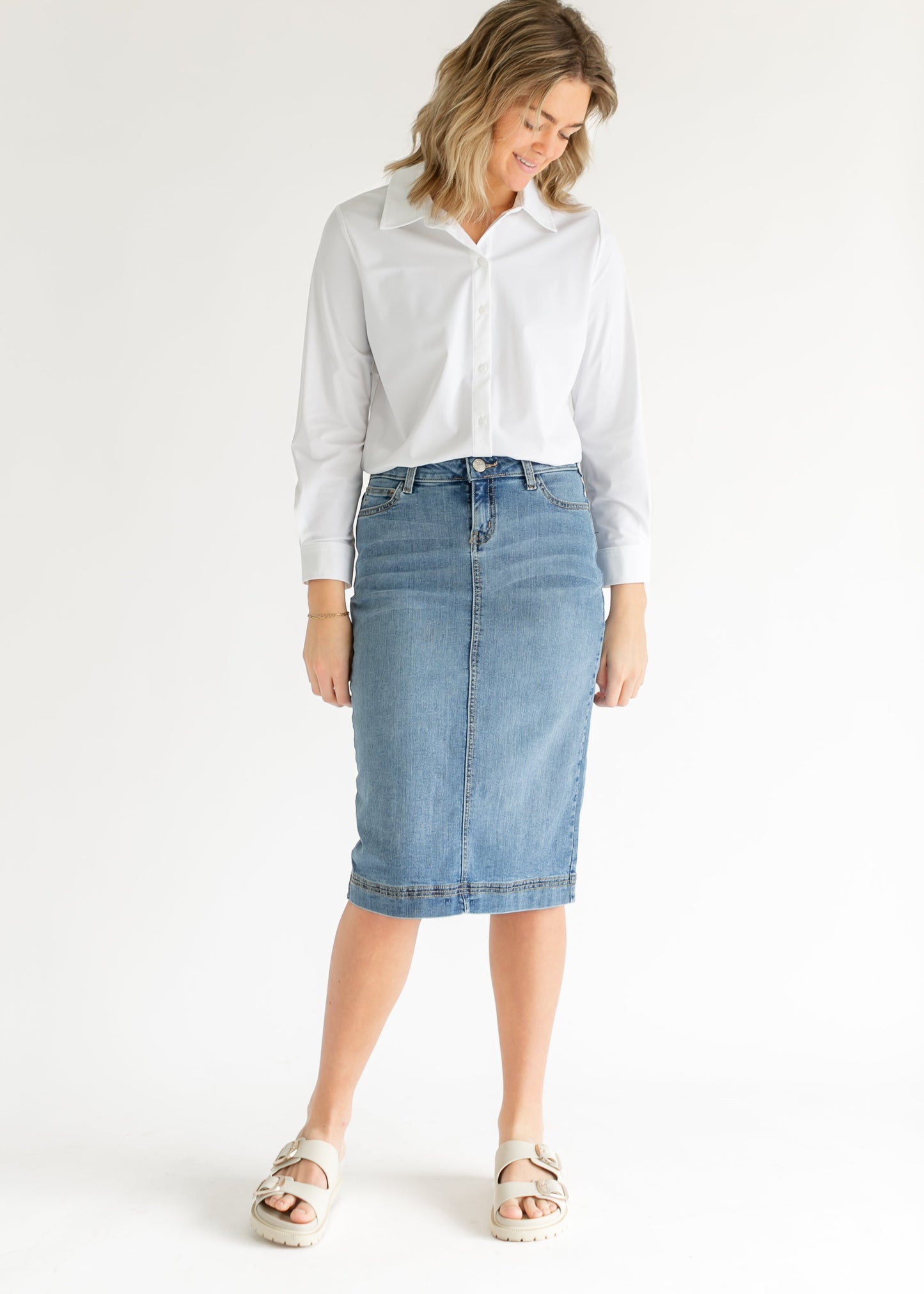 Light Wash Stretch Denim Midi Skirt Inherit Co.