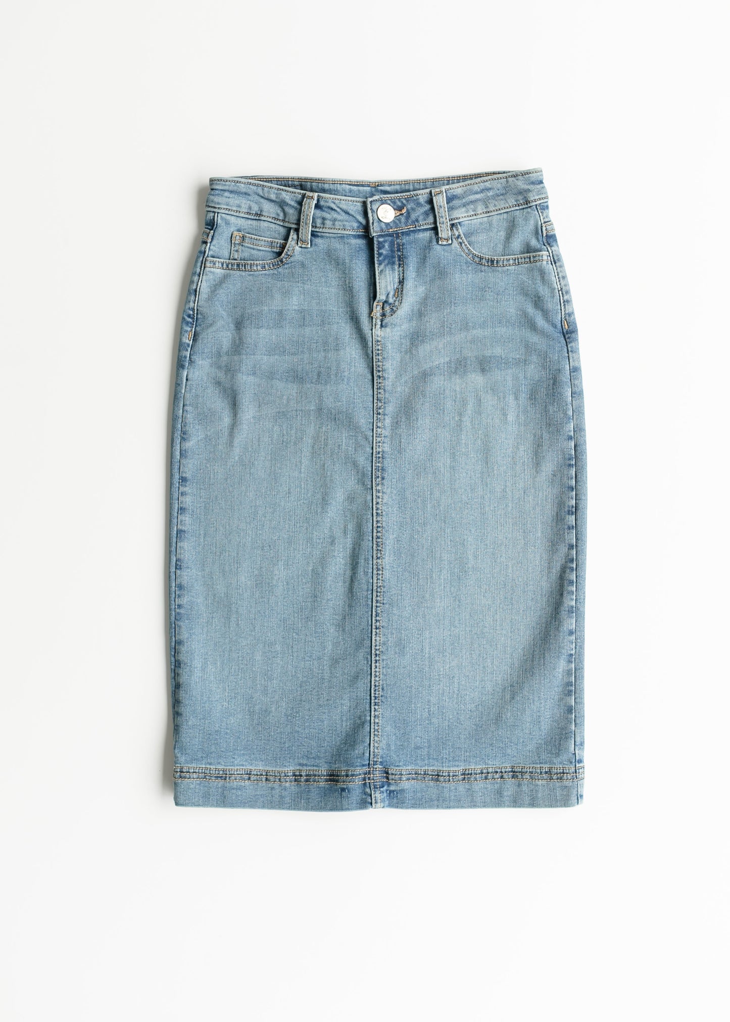 Light Wash Stretch Denim Midi Skirt Inherit Co.