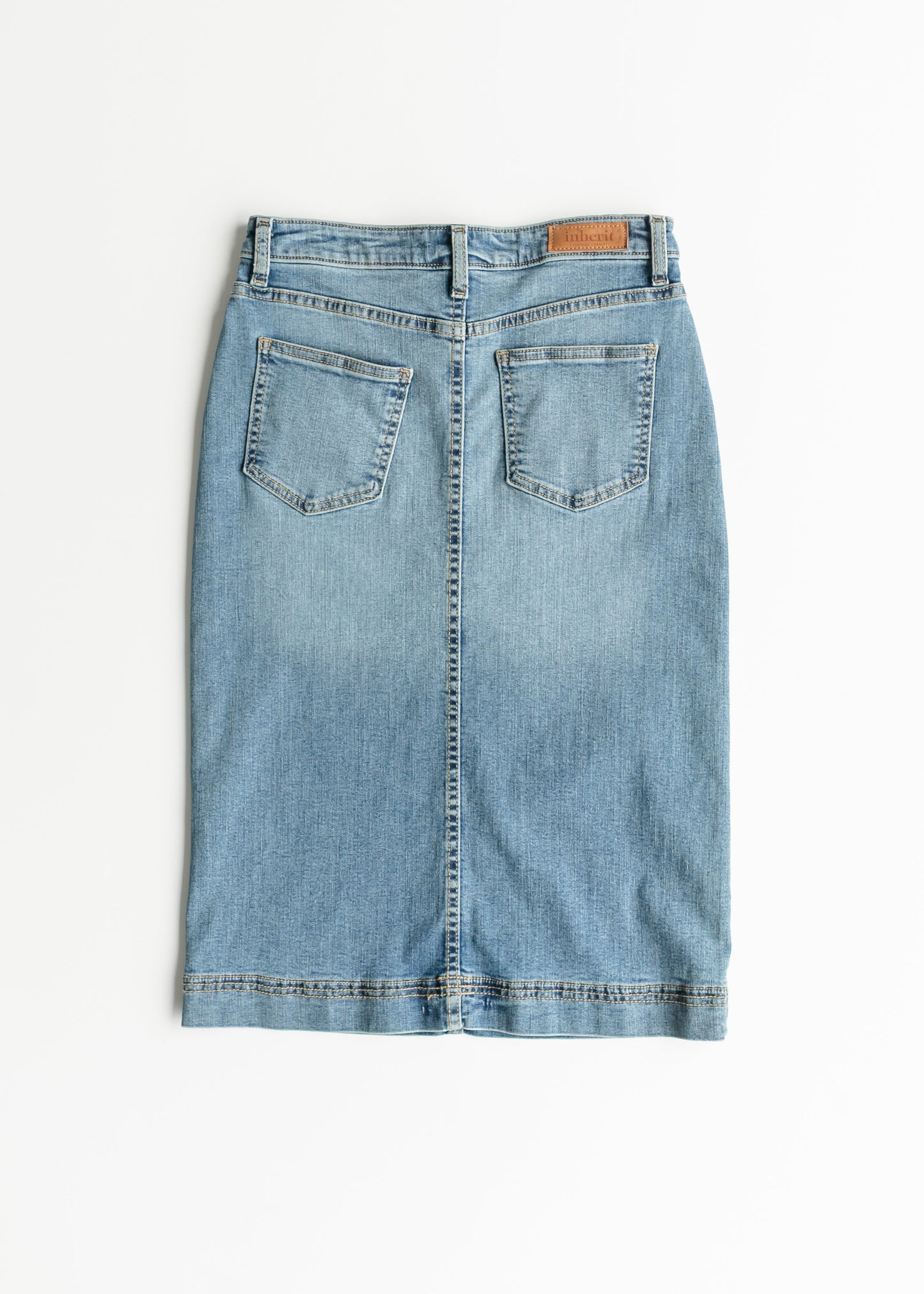 Light Wash Stretch Denim Midi Skirt Inherit Co.