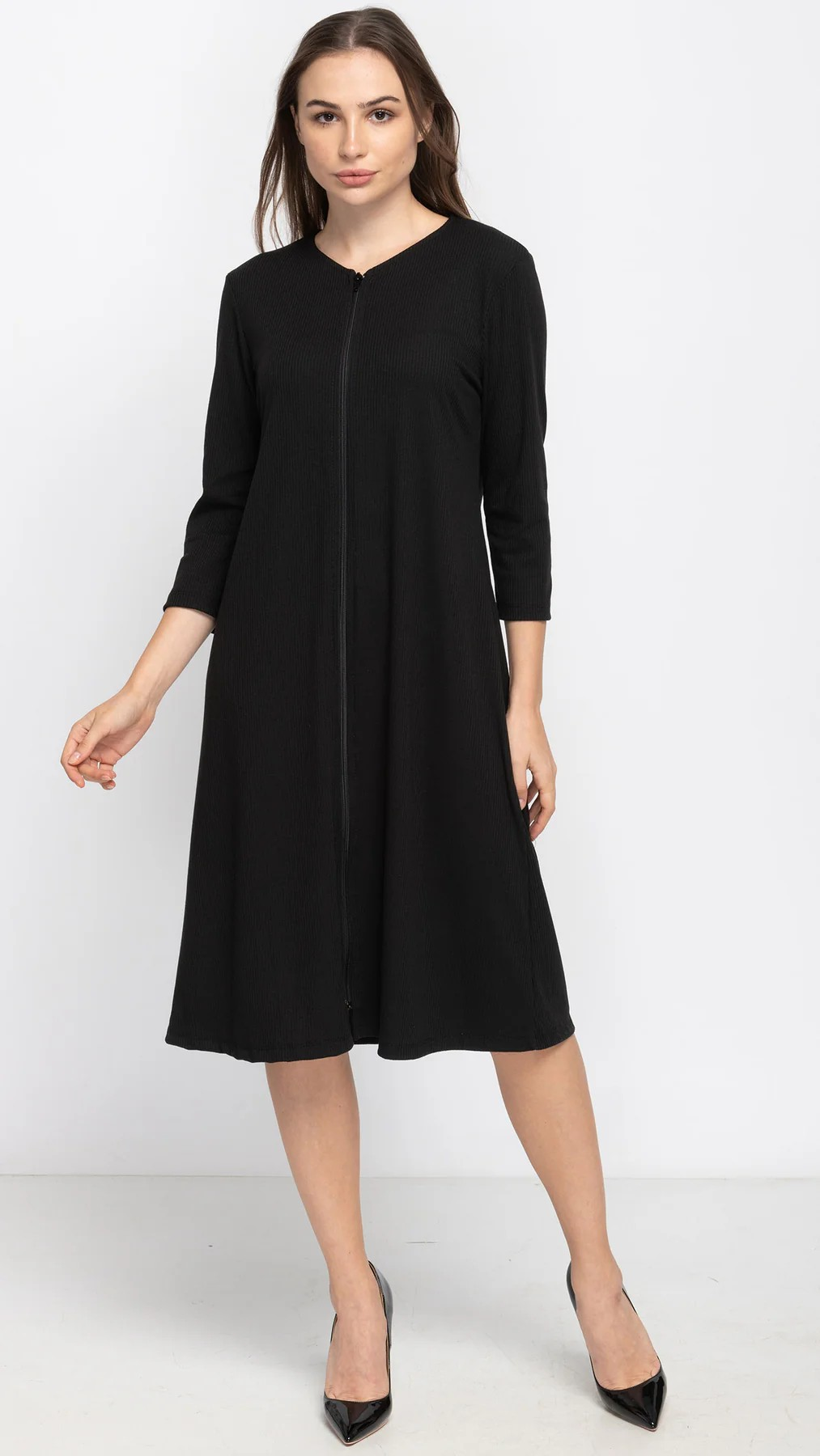 Black Rib Zip A-Line Dress