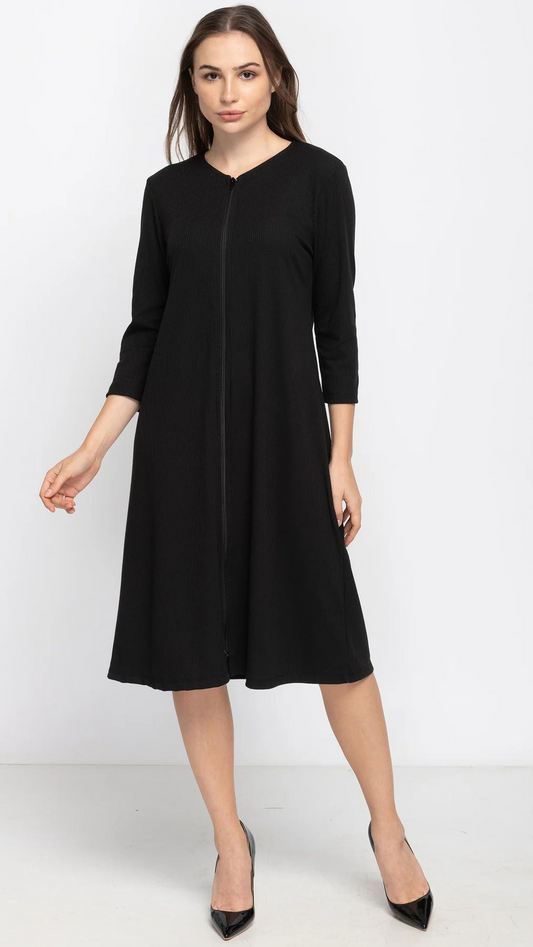 Black Rib Zip A-Line Dress
