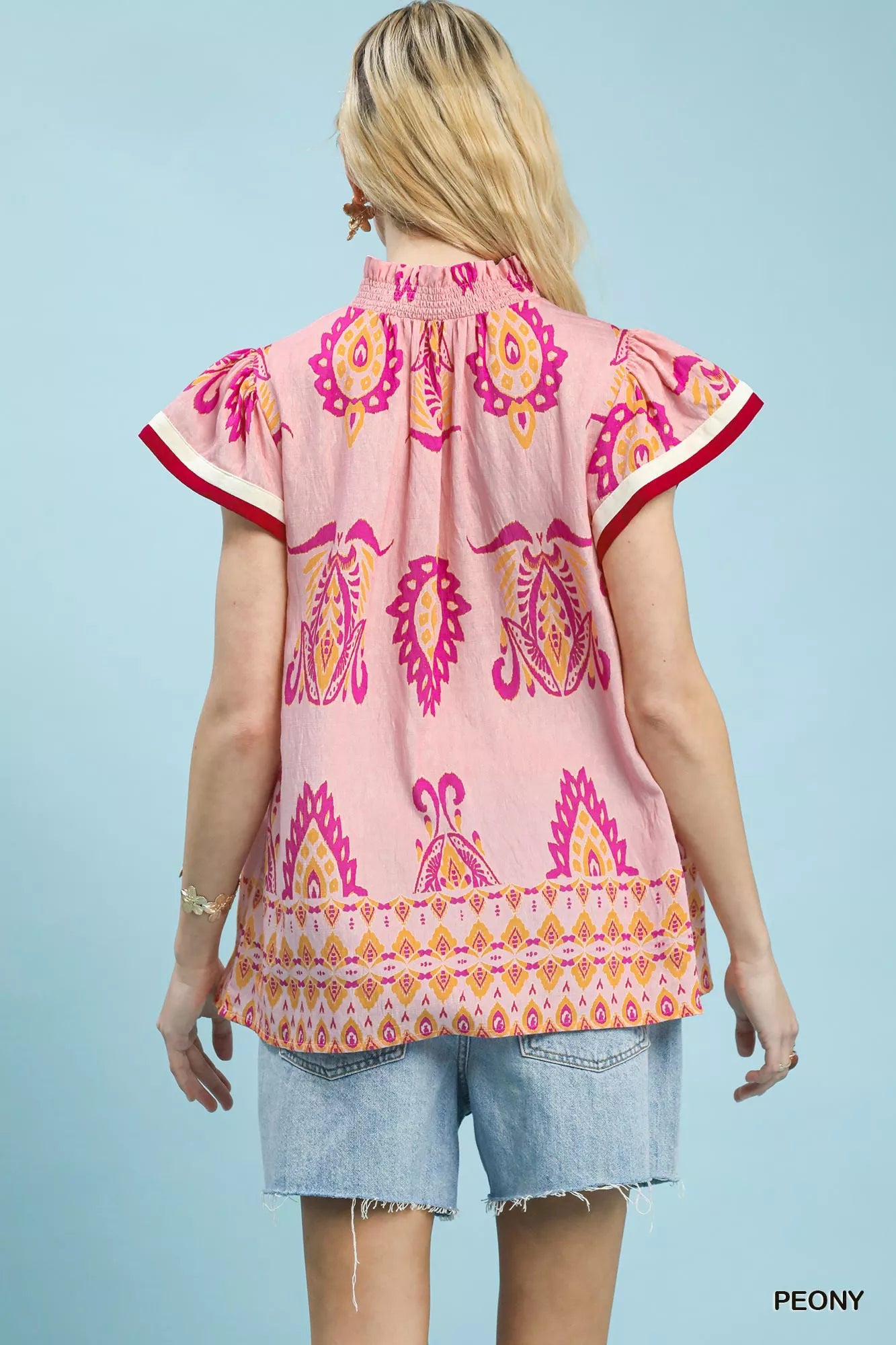 Border Print Split-Neck Boho Top Short Sleeves Umgee