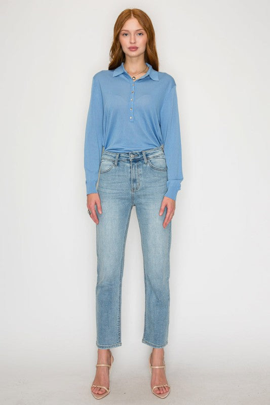 High Rise Slim Ankle Straight Jeans Light Stone Wash AT1747STL