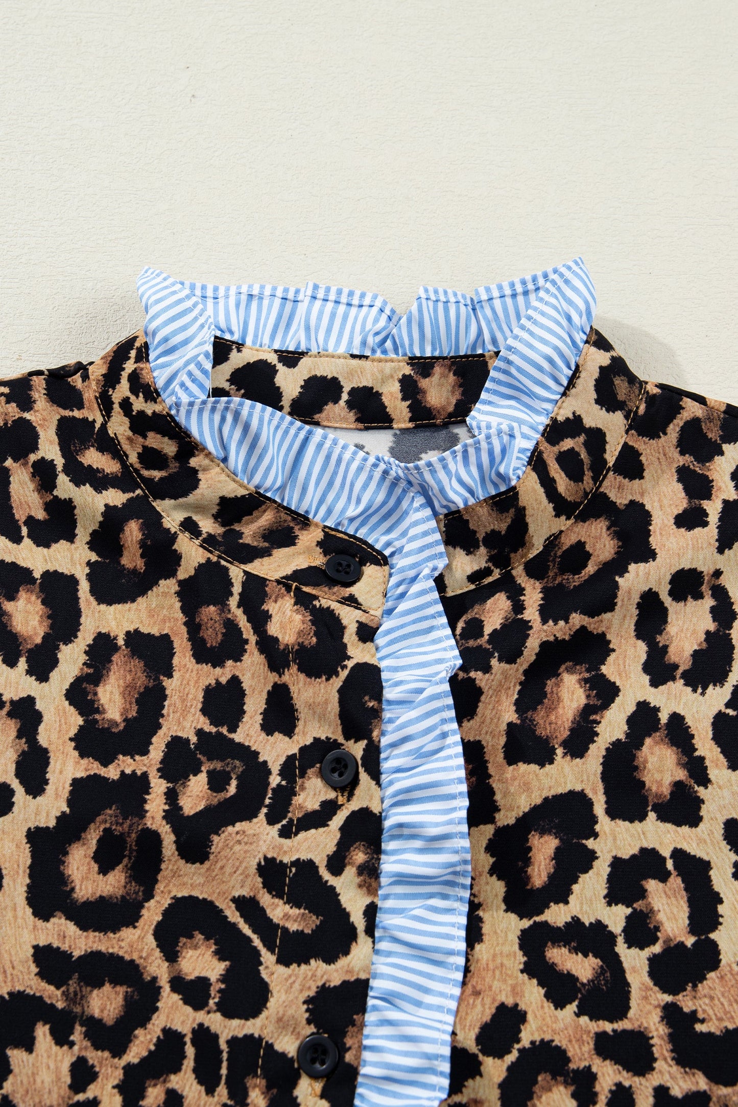 Brown Wild Leopard Print Contrast Striped Frilled Trim Shirt