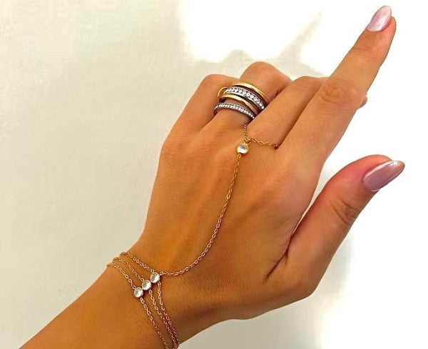 Triple Stone 18K Gold-Plated Hand Chain Bracelet