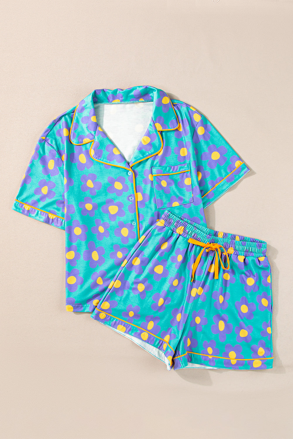Luxury Flower Print Buttoned Shirt And Drawstring Waist Pajama Set