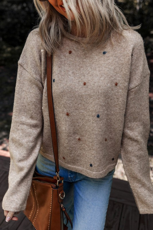 Polka Dot Drop Shoulder Sweater Cozy Warm Sweater