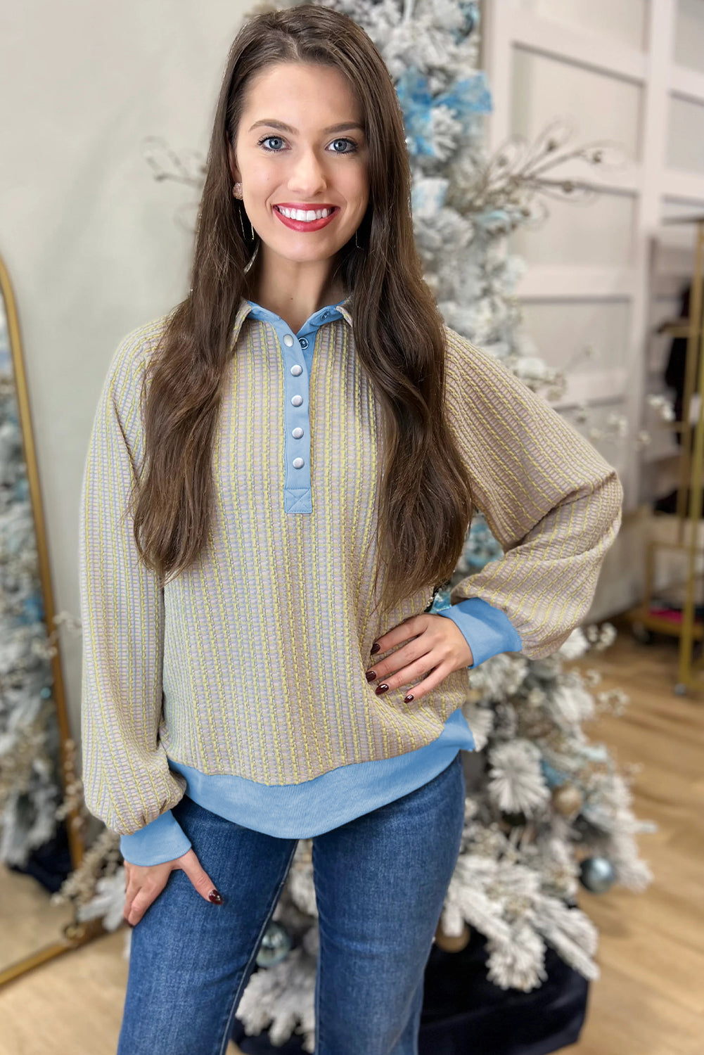 Jacquard Button Front Henley Sweatshirt Medium Elasticity Beau Blue