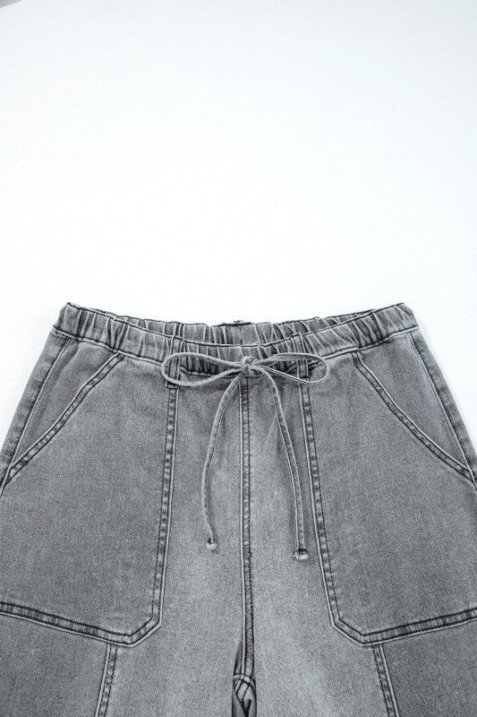 Denim Raw Hem Drawstring Wide Leg Pants