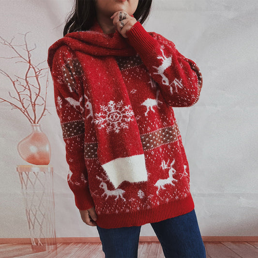 Round Neck Long Sleeve Deer Snowflake Jacquard Christmas Sweater Women's Fashion