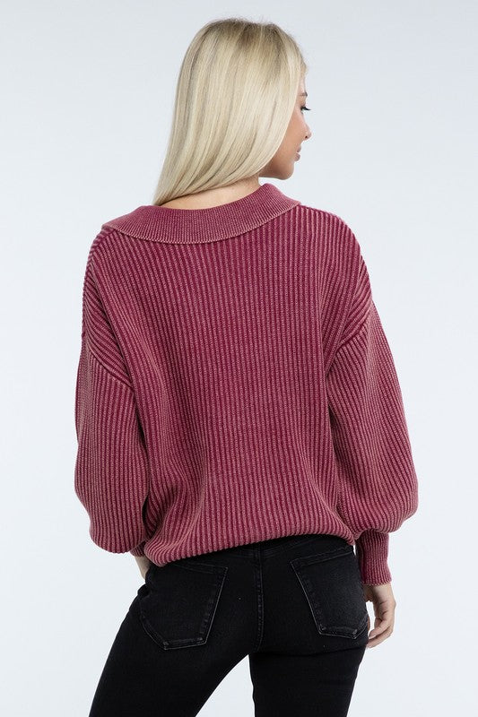 Washed Collared Henley Sweater Low Gauge Heavyweight Sweater