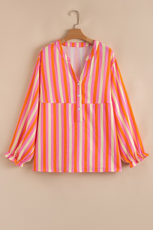 Plus Size Crinkled Half-Button Blouse Stripe