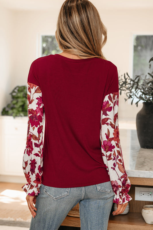 Wild Ginger Contrast Floral Sleeve Ribbed Body Patchwork Long Sleeve Top