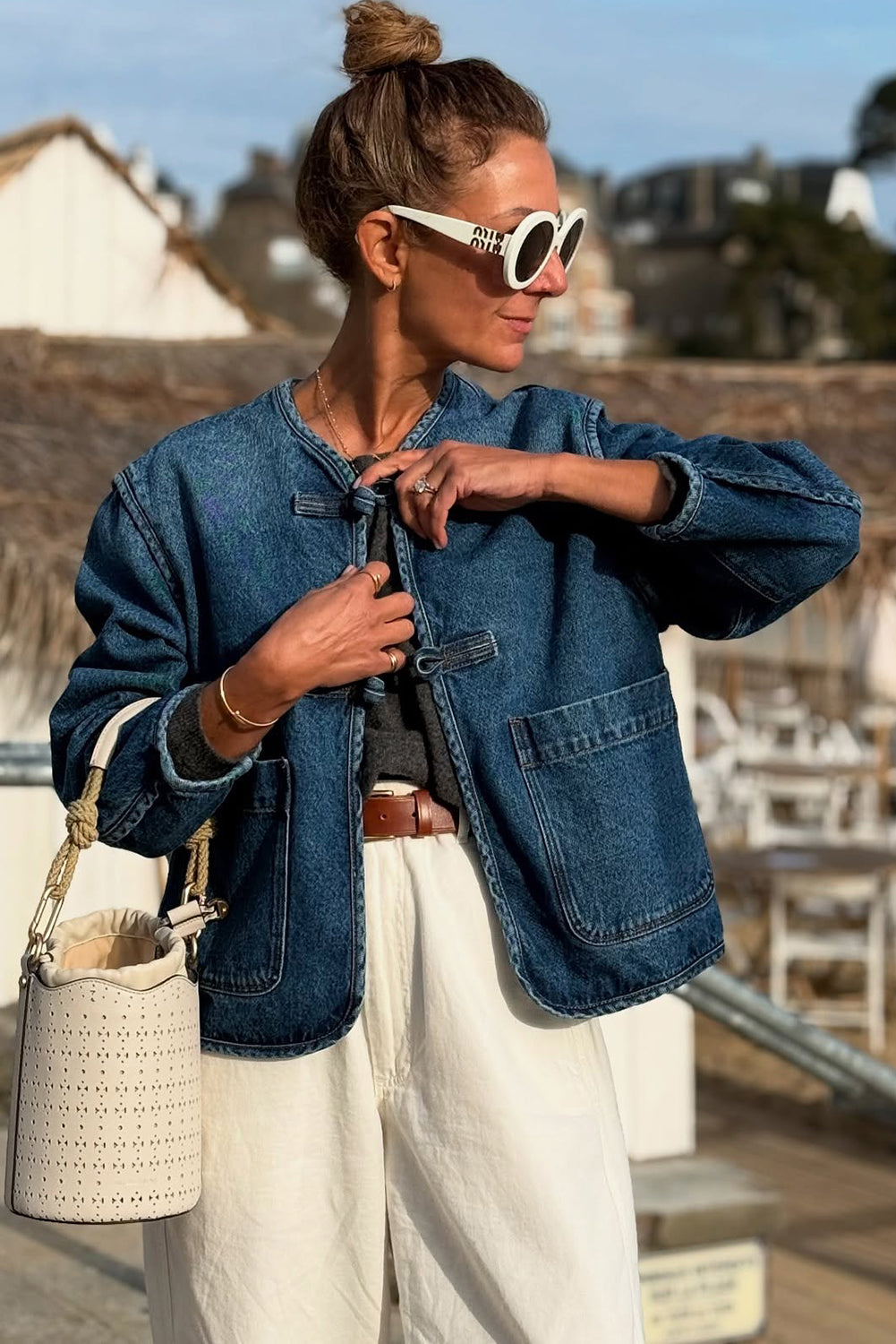 Vintage Fastening Big Patched Pockets Straight Cut Deep Wash Denim Jacket
