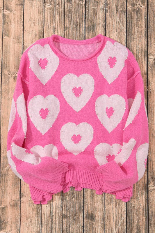 Valentine Heart and Floral Pearl Beaded Sweater Cozy Fall Winter Spring The Diamond Empire LLC