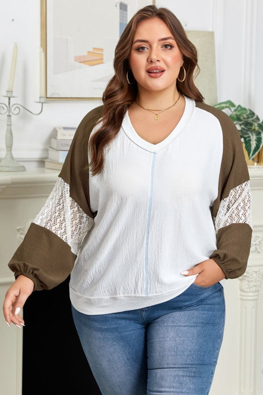 Plus Size Colorblock Lace Balloon Sleeve Top