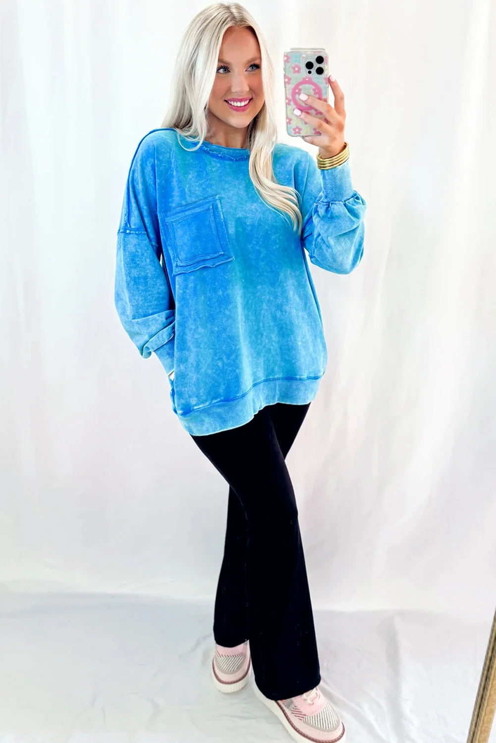 Blue Mineral Wash Double Patched Pocket Pullover Sweatshirt
