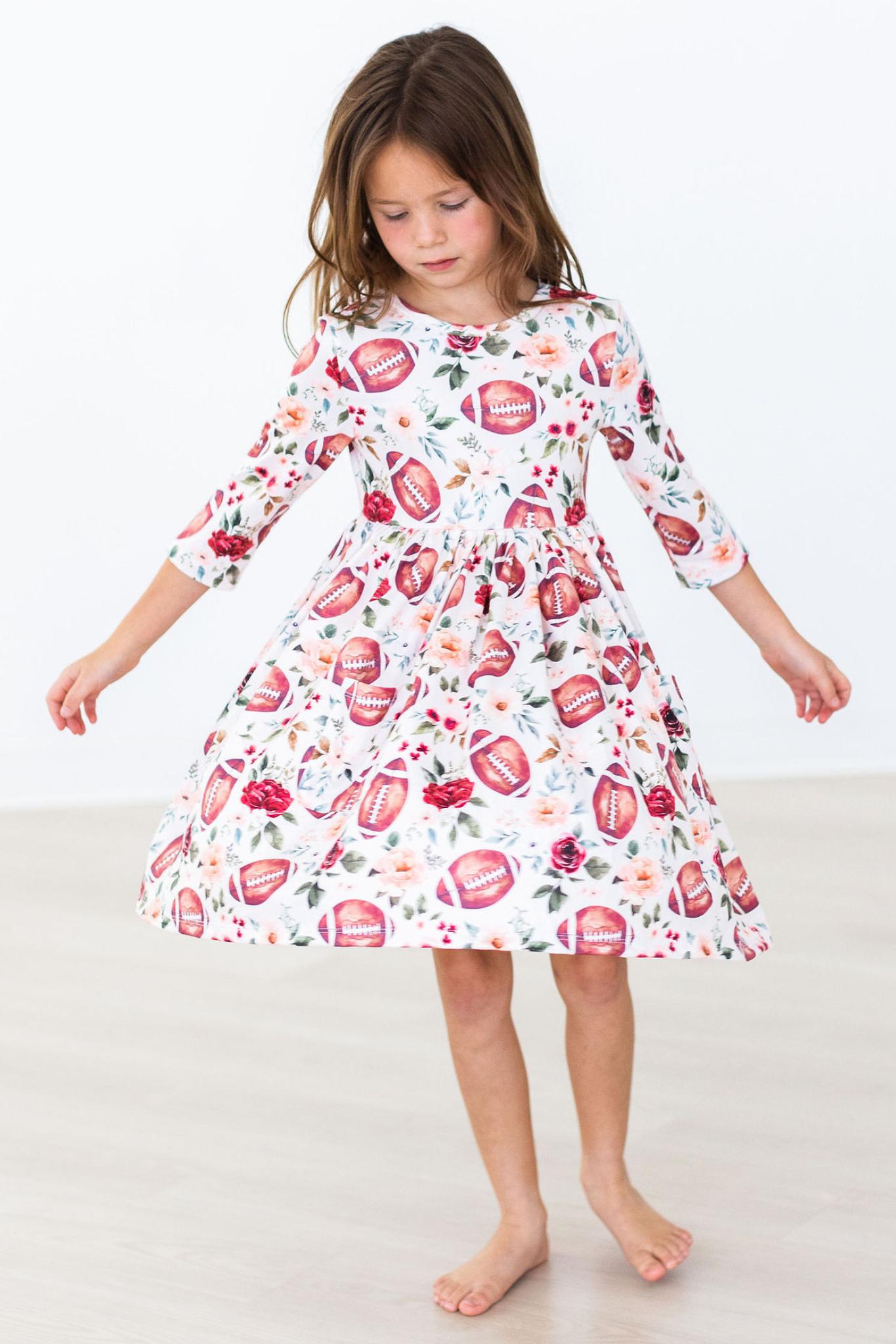 Football & Flowers 3/4 Sleeve Pocket Twirl Dress Mila & Rose