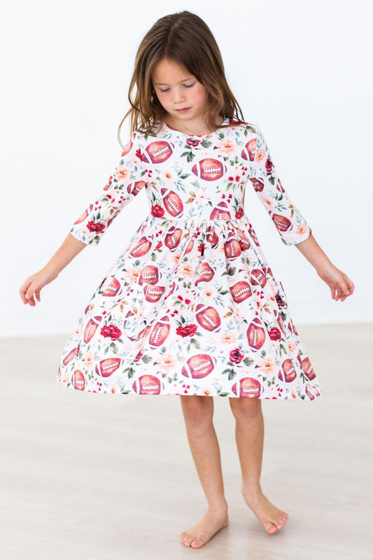 Football & Flowers 3/4 Sleeve Pocket Twirl Dress Mila & Rose