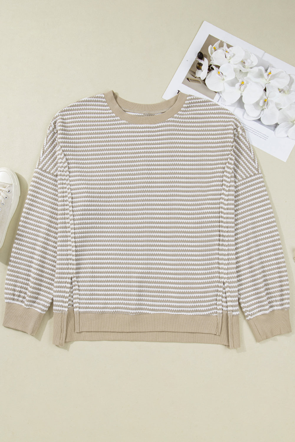 Brown Stripe Ribbed Trim Drop Shoulder Long Sleeve Oversized Top Plus Size
