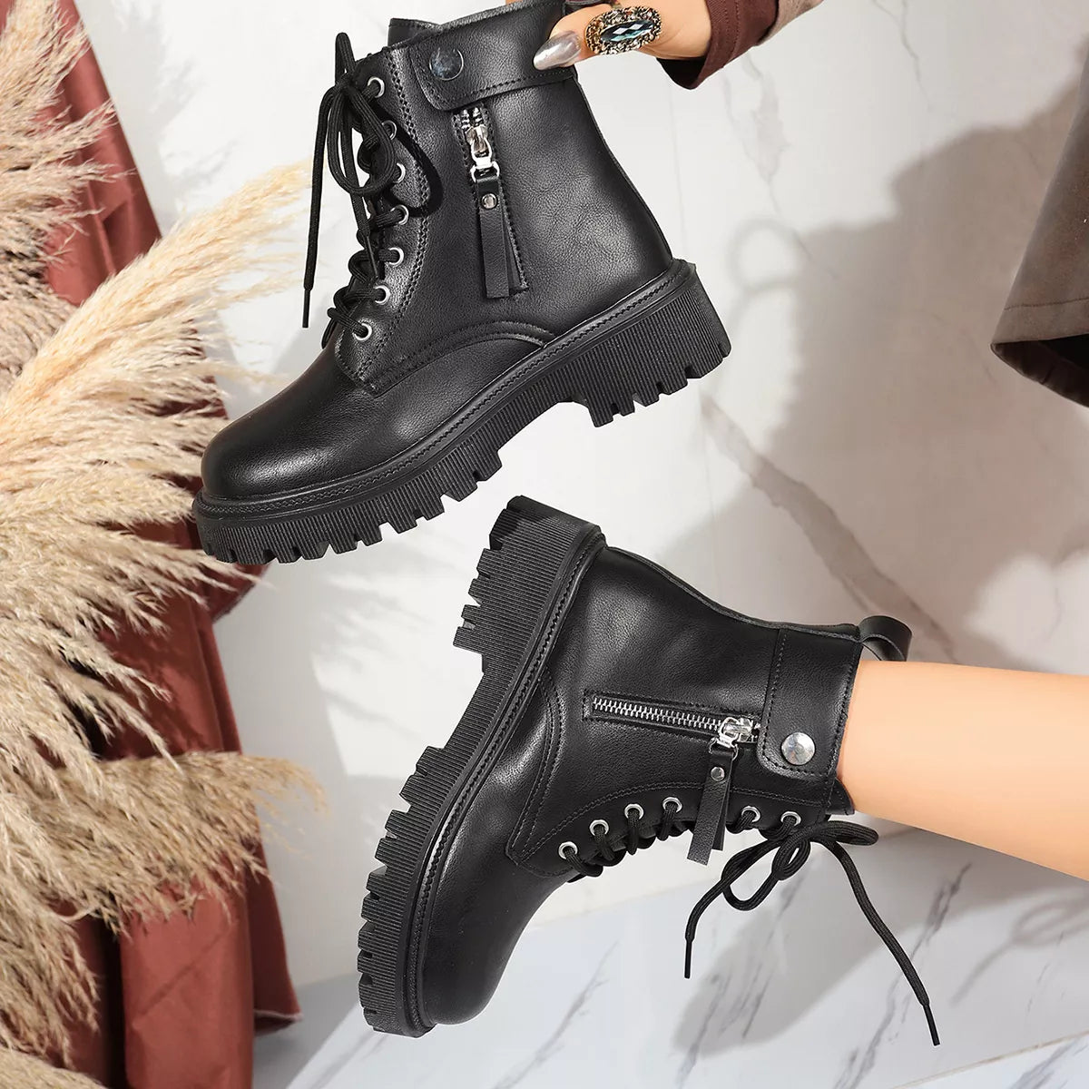Round Toe Mid-Heel Block Heels Boots